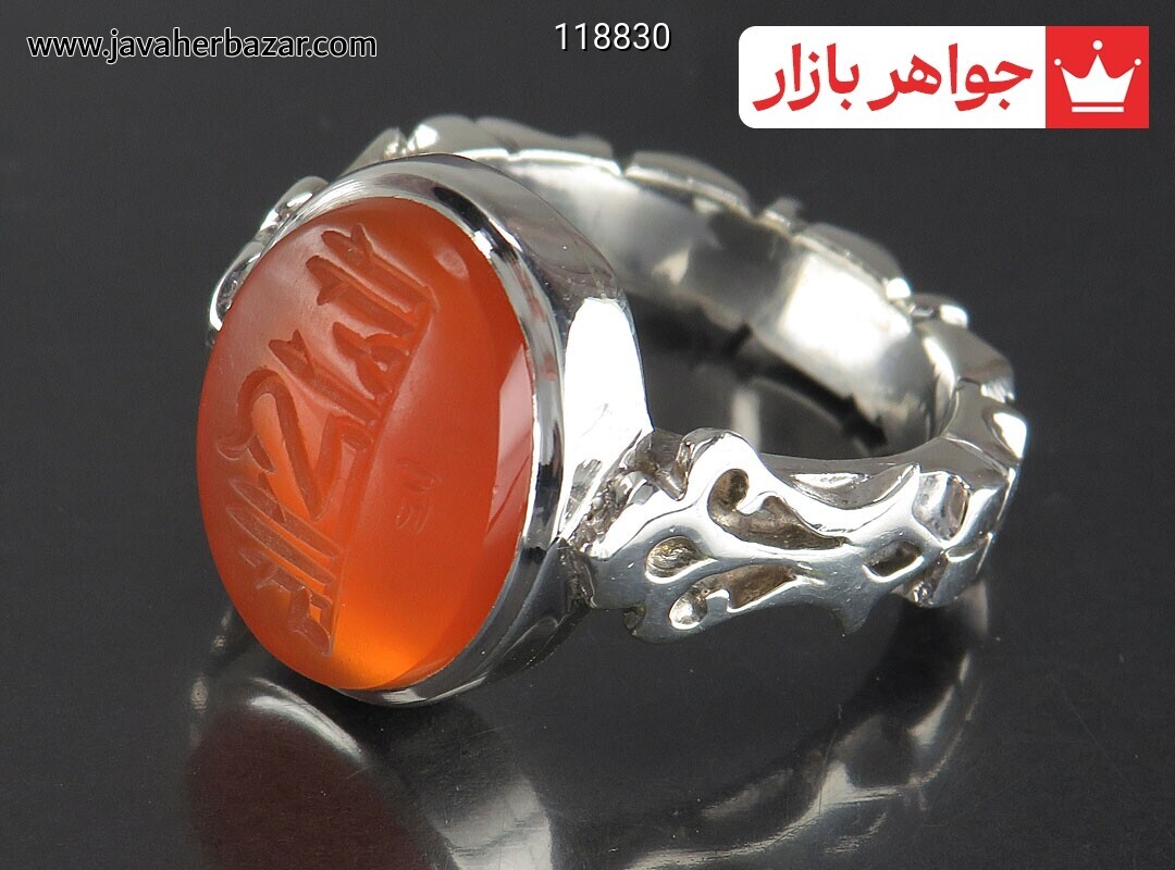 انگشتر نقره عقیق یمنی نارنجی خاک تربت کربلا مردانه دست ساز به همراه حرز امام جواد [الملک لله]
